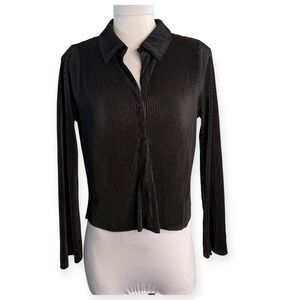Ro&De Black Pleated‎ Cropped Button Up Long Sleeve Blouse Medium NWT